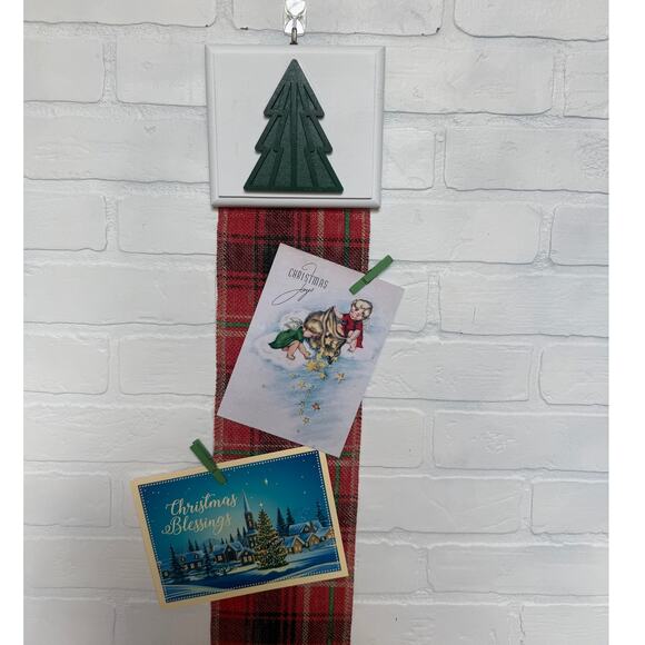 Holiday Card Holder Wooden Topper Green Christmas Tree Red Plaid Wide Ribbon - Picture 1 of 6